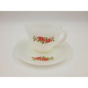 Anchor Hocking Fire King Roses Cup Coffee  Tea Cup And Saucer Vintage